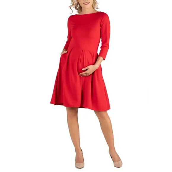 24seven Comfort Apparel Fit N Flare Maternity Dress Pockets Red Size 2X MSRP $63 - Picture 1 of 3